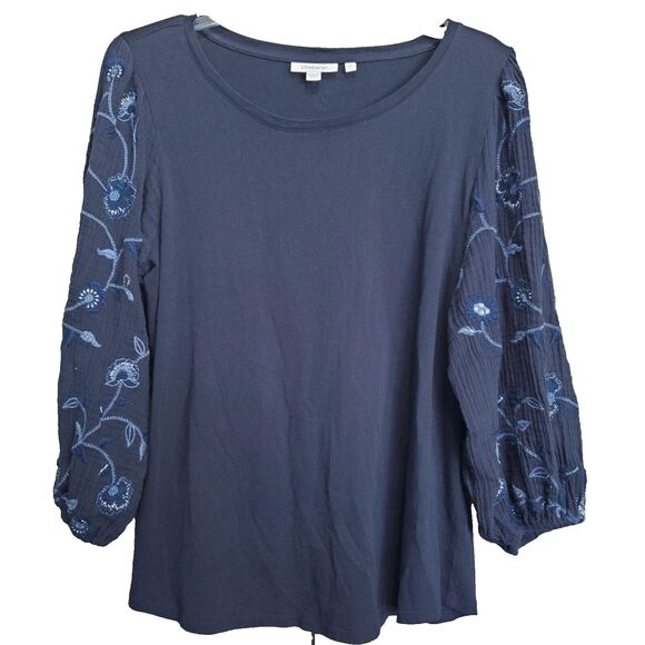 Chico's Tops - Chico’s Navy Cotton/Modal Floral Embroidered Balloon Sleeve Blouse Size 2 Large